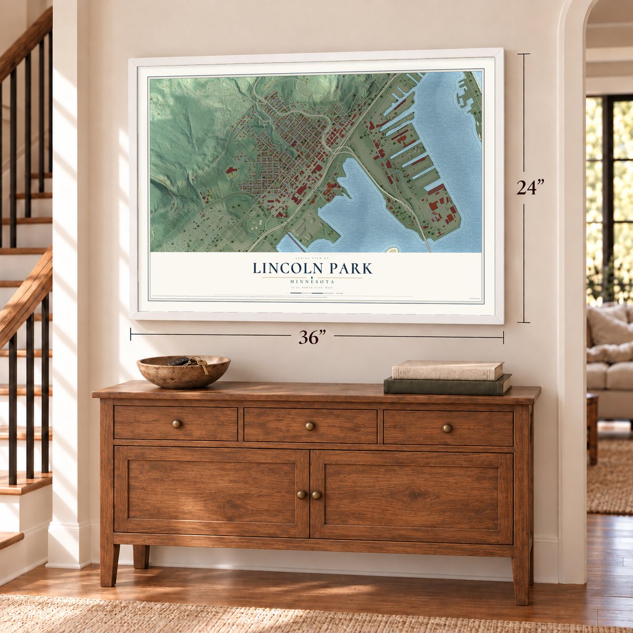 Lincoln Park, Minnesota map, 24 x 36 inch print in a white frame above a dresser by a staircase