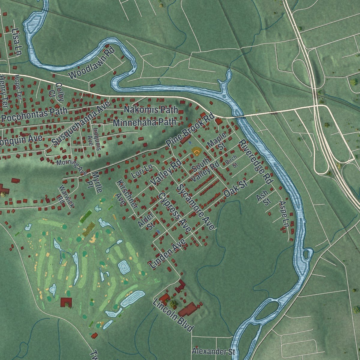 Second close-up of the map of Lincoln Park, New Jersey print showing more streets and buildings