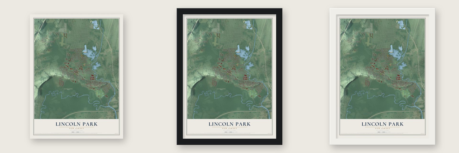 Lincoln Park, New Jersey map unframed, in a black wood frame and in a white wood frame