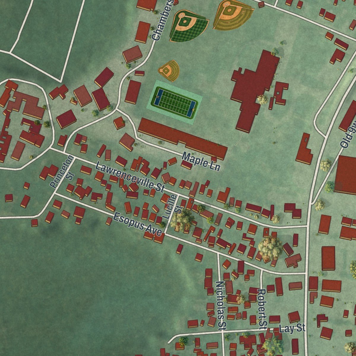 Second close-up of the map of Lincoln Park, New York print showing more streets and buildings
