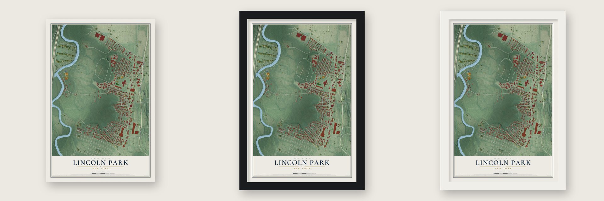 Lincoln Park, New York map unframed, in a black wood frame and in a white wood frame
