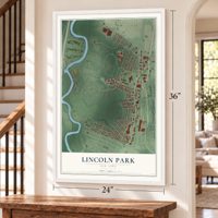 Lincoln Park, New York map, 24 x 36 inch print in a white frame by a staircase