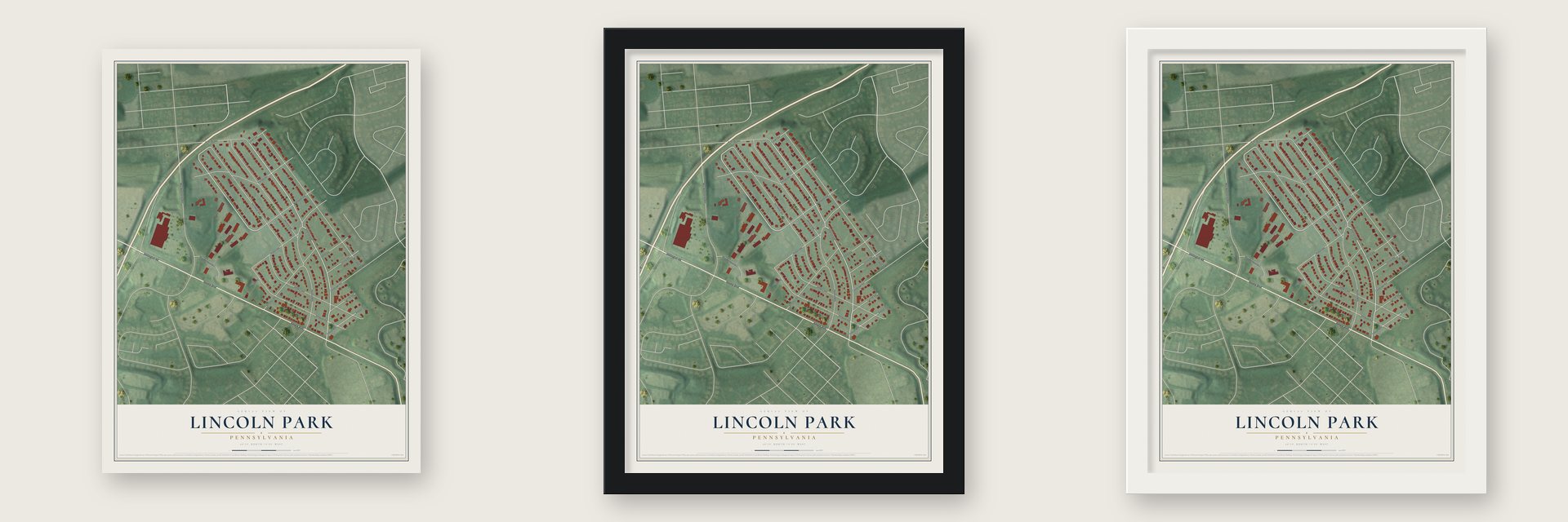 Lincoln Park, Pennsylvania map unframed, in a black wood frame and in a white wood frame