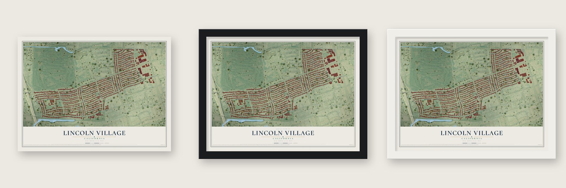 Lincoln Village, California map unframed, in a black wood frame and in a white wood frame