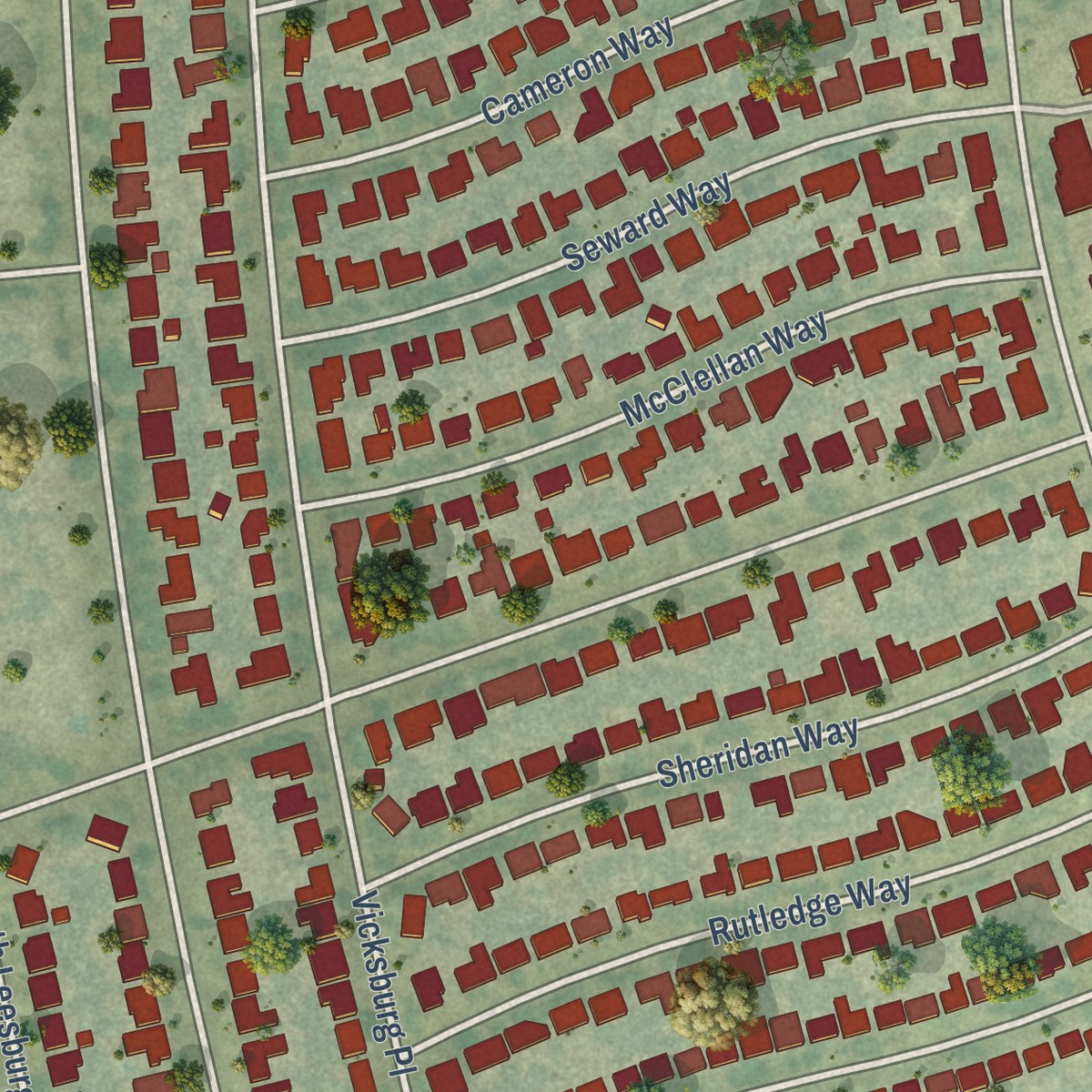 Second close-up of the map of Lincoln Village, California print showing more streets and buildings