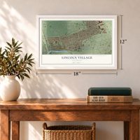 Lincoln Village, California map, 12 x 18 inch print in a white frame in an entryway