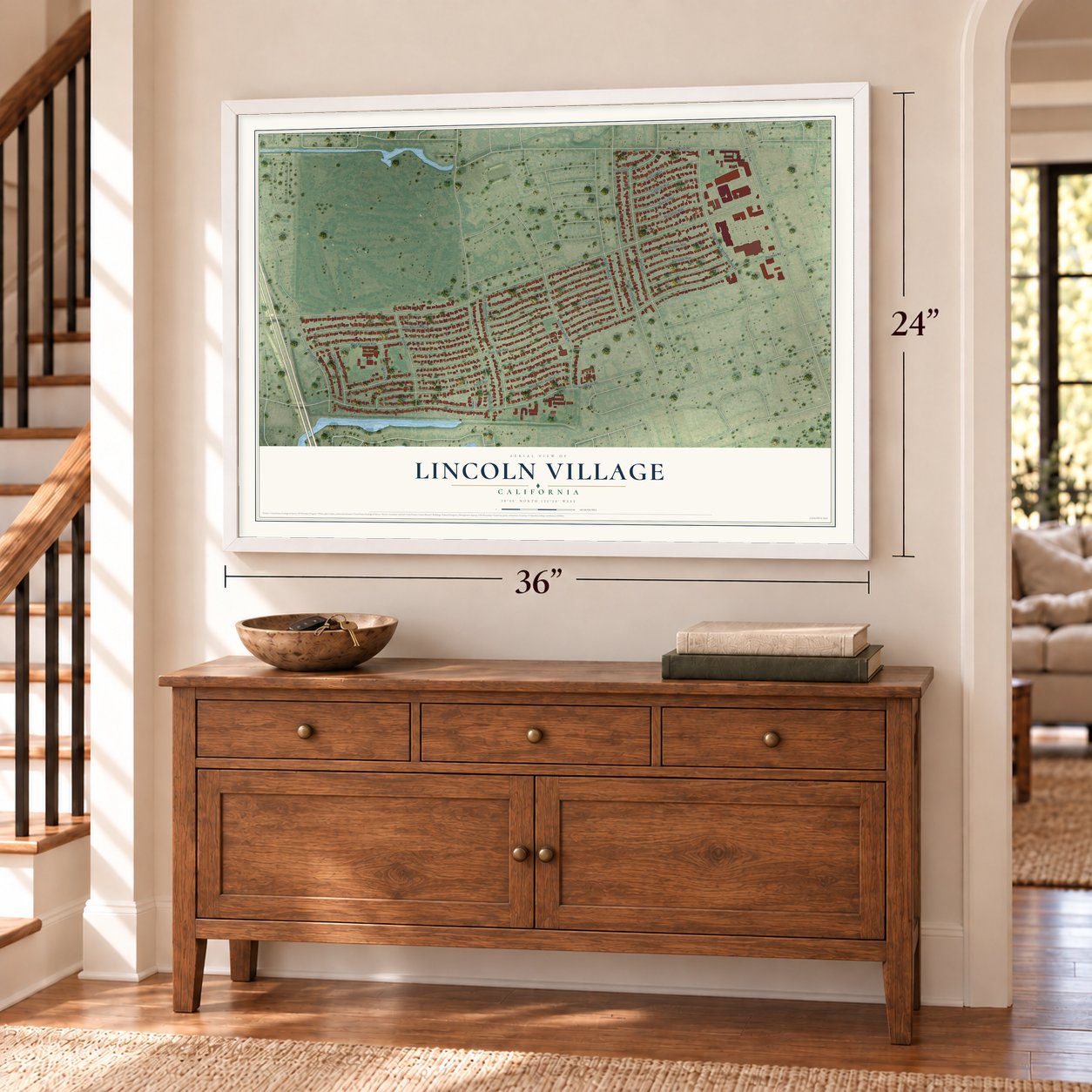 Lincoln Village, California map, 24 x 36 inch print in a white frame above a dresser by a staircase