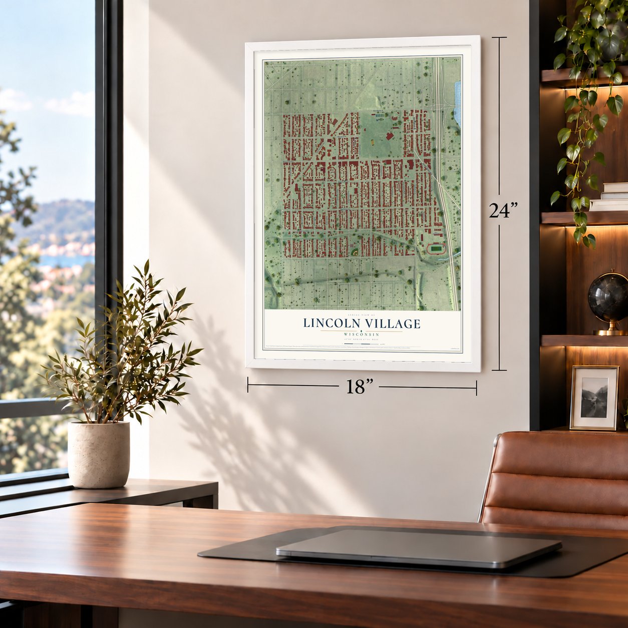 Lincoln Village, Wisconsin map, 18 x 24 inch print in a white frame in a home office
