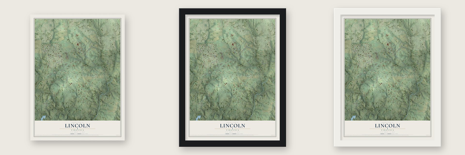 Lincoln, Virginia map unframed, in a black wood frame and in a white wood frame