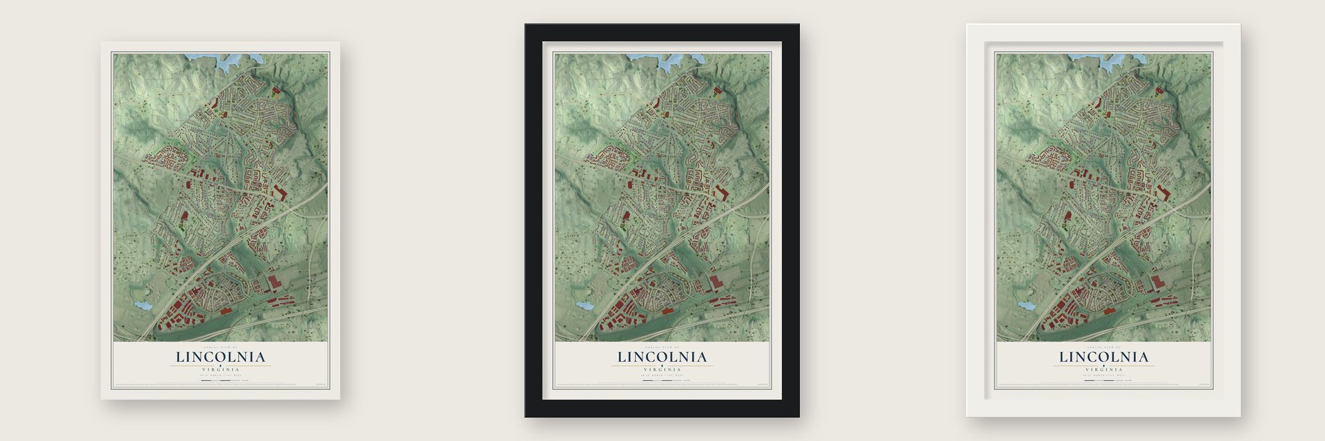 Lincolnia, Virginia map unframed, in a black wood frame and in a white wood frame