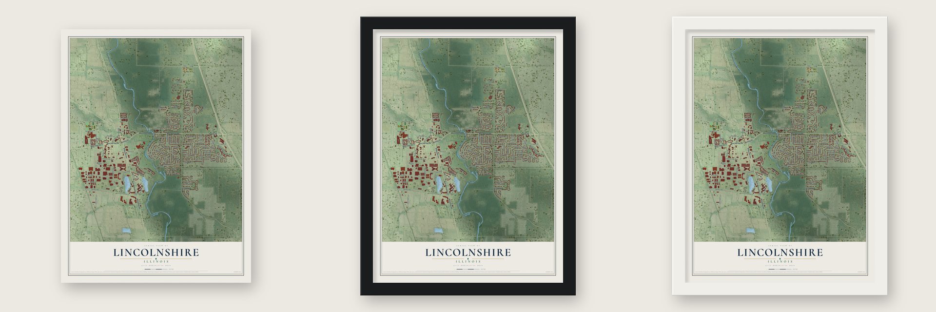 Lincolnshire, Illinois map unframed, in a black wood frame and in a white wood frame
