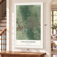 Lincolnshire, Illinois map, 24 x 36 inch print in a white frame by a staircase