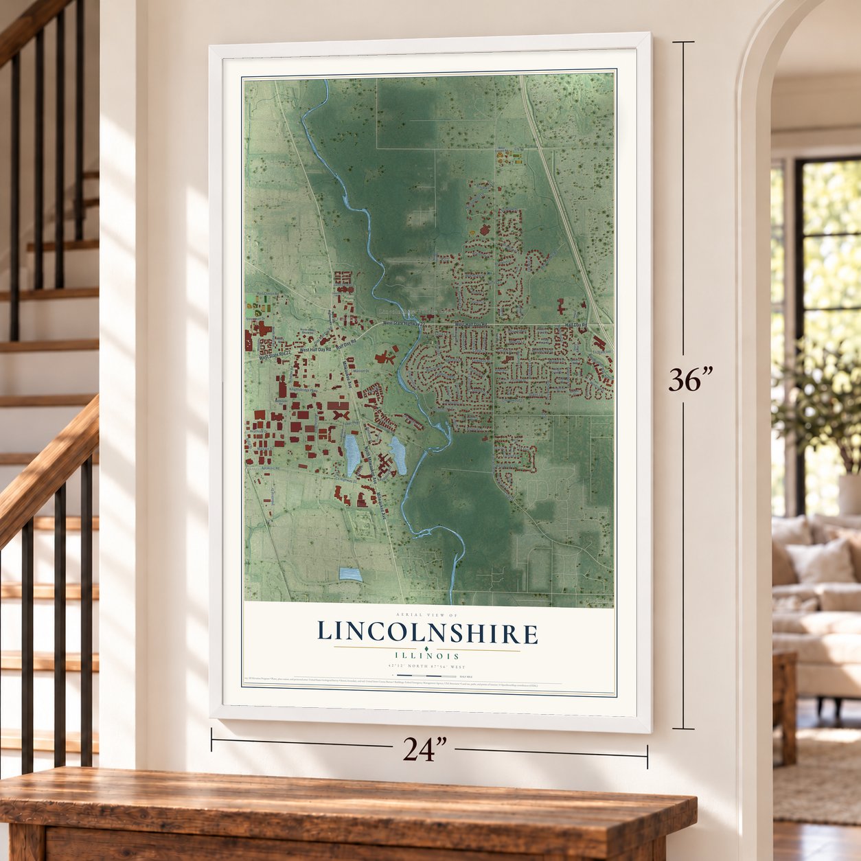 Lincolnshire, Illinois map, 24 x 36 inch print in a white frame by a staircase