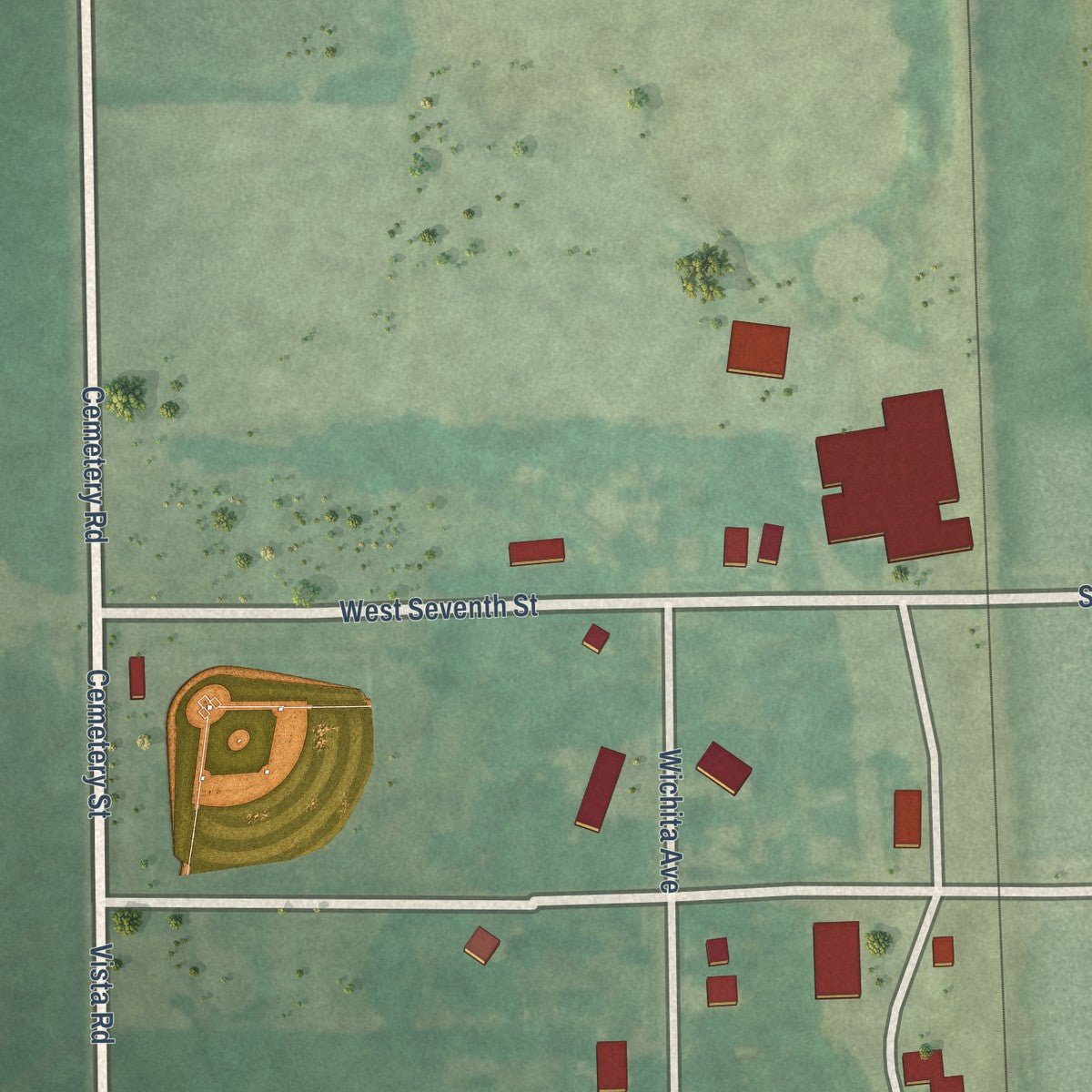 Second close-up of the map of Lincolnville, Kansas print showing more streets and buildings