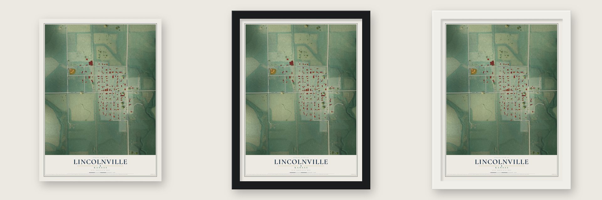 Lincolnville, Kansas map unframed, in a black wood frame and in a white wood frame