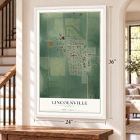 Lincolnville, Kansas map, 24 x 36 inch print in a white frame by a staircase