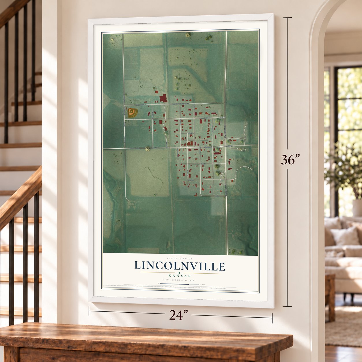 Lincolnville, Kansas map, 24 x 36 inch print in a white frame by a staircase