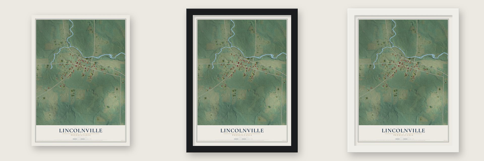 Lincolnville, Pennsylvania map unframed, in a black wood frame and in a white wood frame