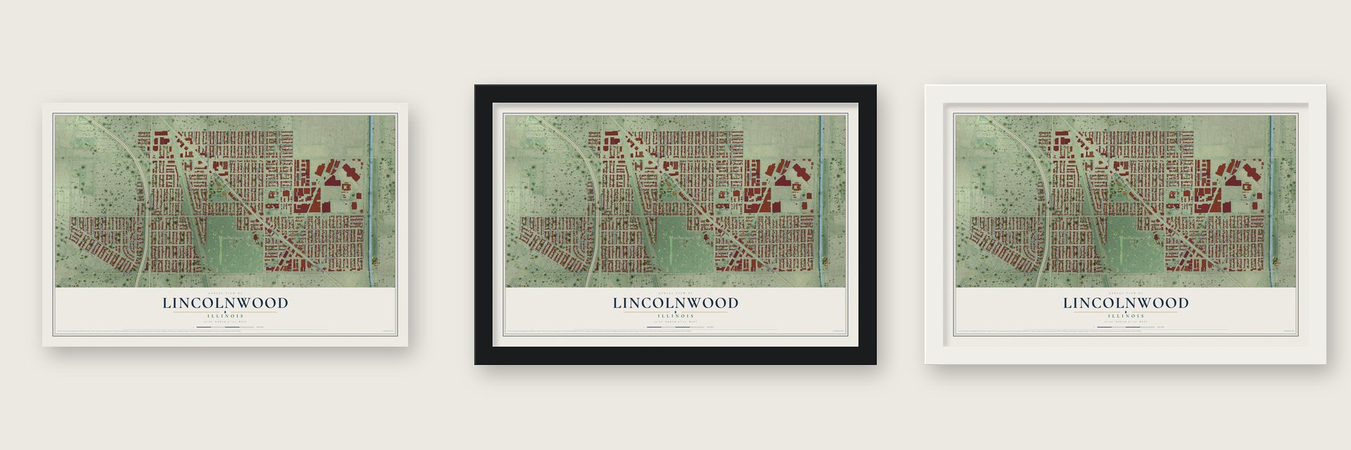 Lincolnwood, Illinois map unframed, in a black wood frame and in a white wood frame