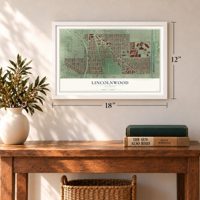 Lincolnwood, Illinois map, 12 x 18 inch print in a white frame in an entryway