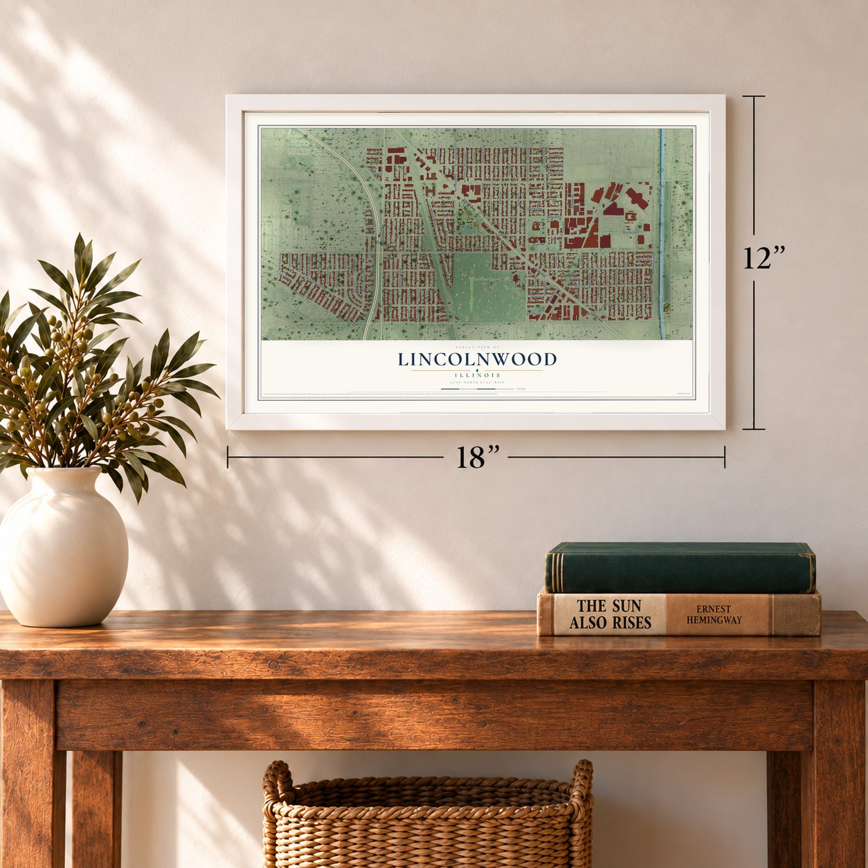 Lincolnwood, Illinois map, 12 x 18 inch print in a white frame in an entryway