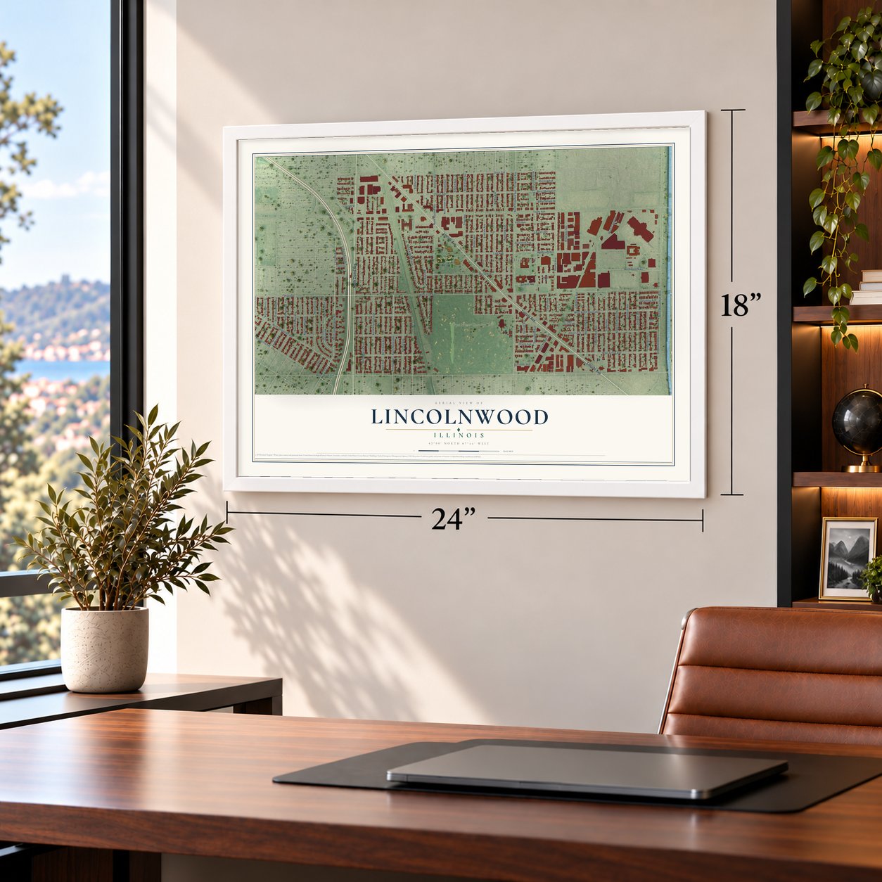 Lincolnwood, Illinois map, 18 x 24 inch print in a white frame in a home office