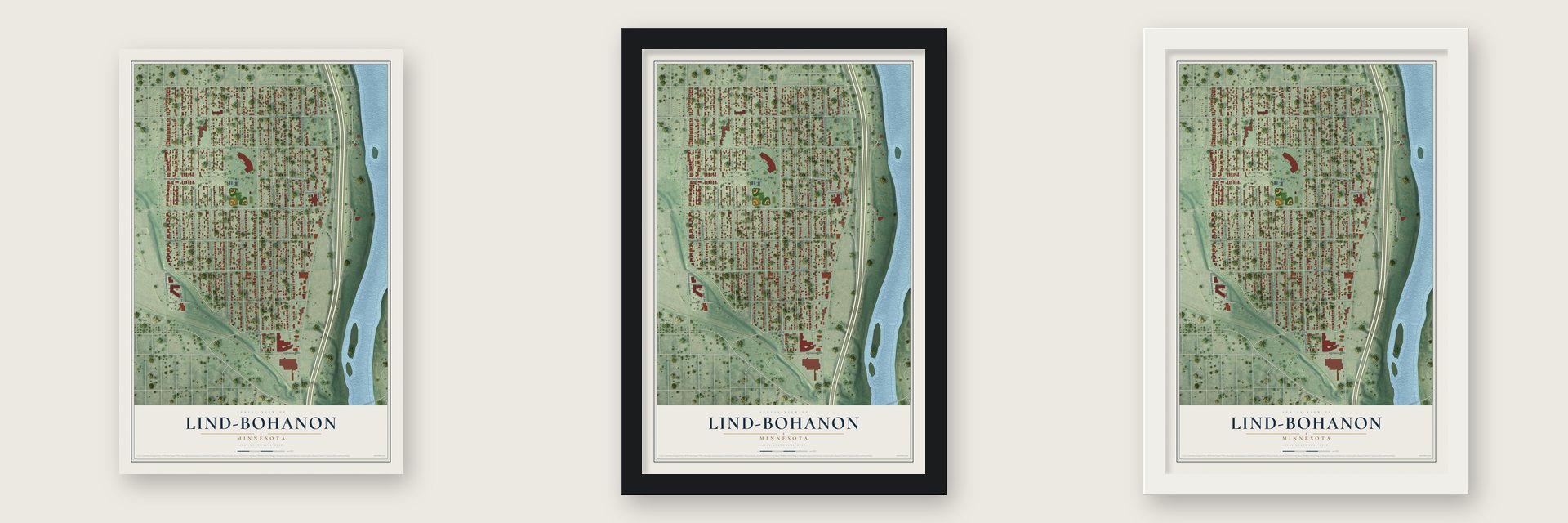 Lind-Bohanon, Minnesota map unframed, in a black wood frame and in a white wood frame