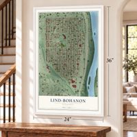 Lind-Bohanon, Minnesota map, 24 x 36 inch print in a white frame by a staircase