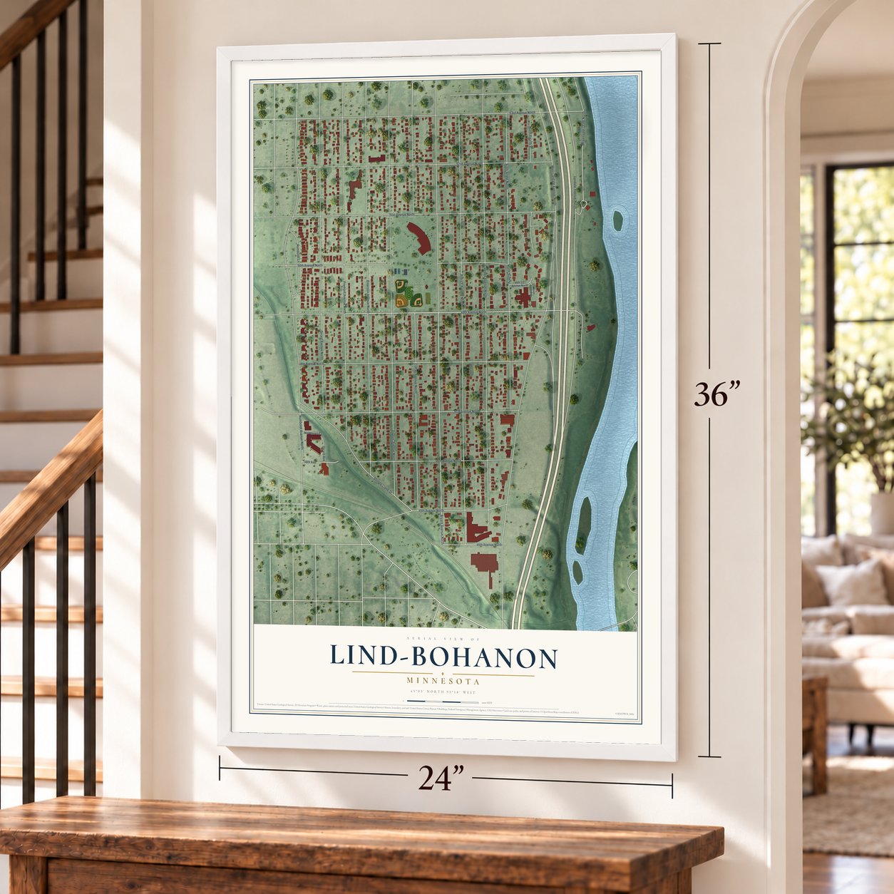 Lind-Bohanon, Minnesota map, 24 x 36 inch print in a white frame by a staircase