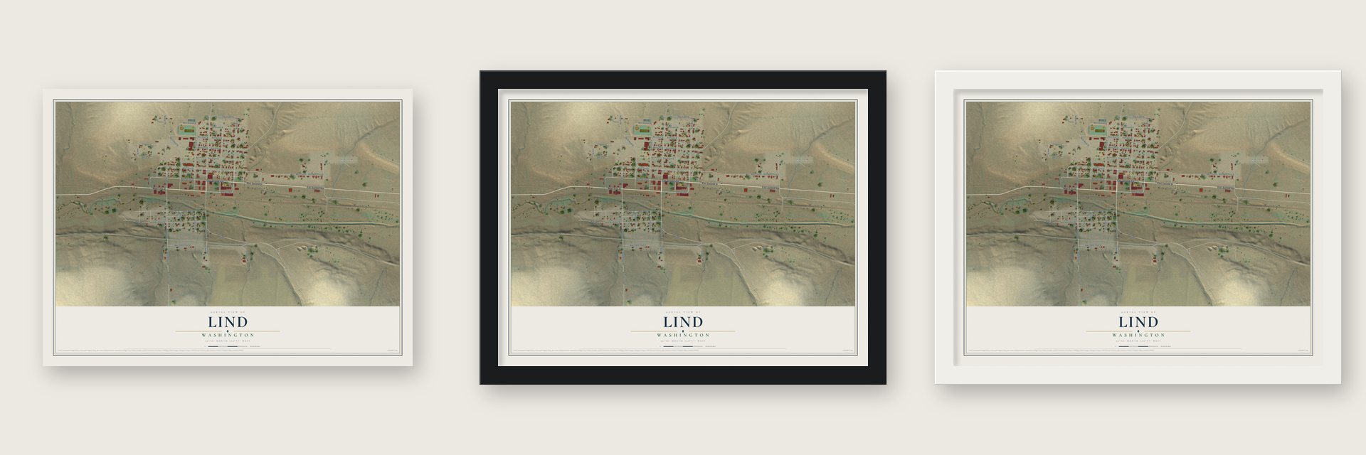 Lind, Washington map unframed, in a black wood frame and in a white wood frame