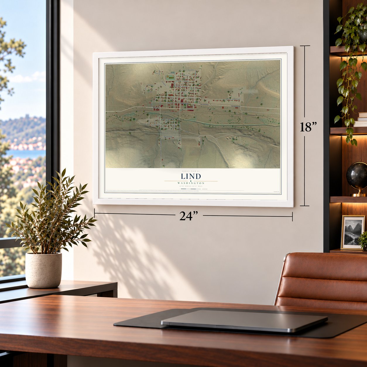 Lind, Washington map, 18 x 24 inch print in a white frame in a home office