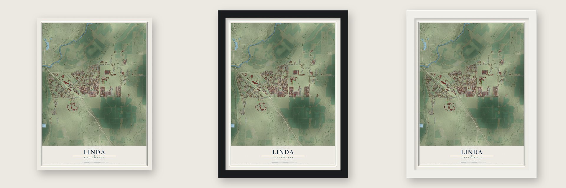 Linda, California map unframed, in a black wood frame and in a white wood frame