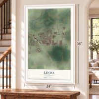 Linda, California map, 24 x 36 inch print in a white frame by a staircase