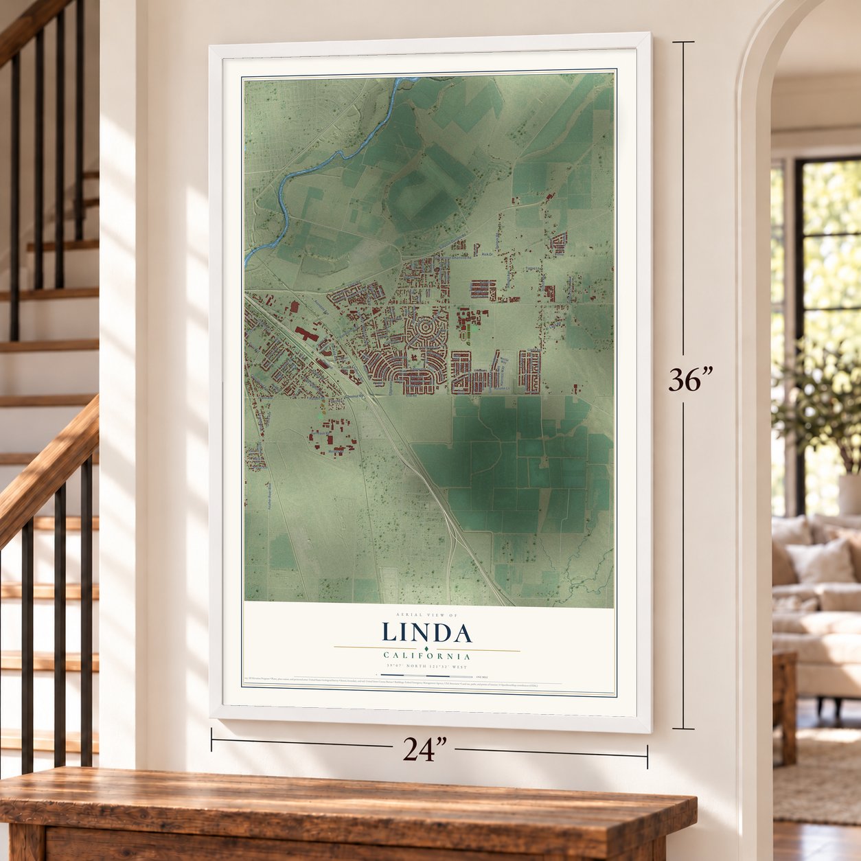 Linda, California map, 24 x 36 inch print in a white frame by a staircase