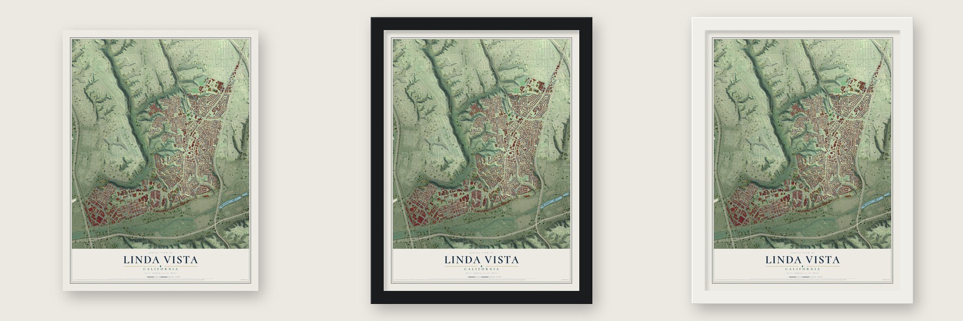 Linda Vista, California map unframed, in a black wood frame and in a white wood frame