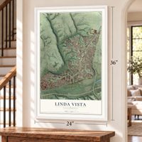 Linda Vista, California map, 24 x 36 inch print in a white frame by a staircase