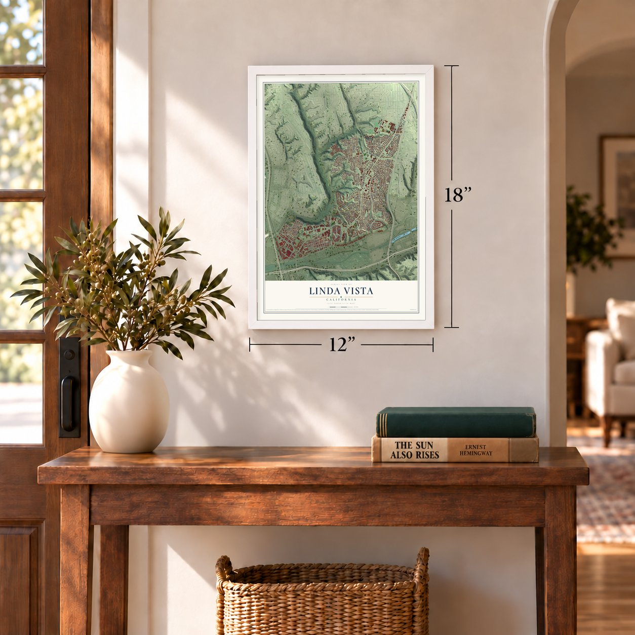 Linda Vista, California map, 12 x 18 inch print in a white frame in an entryway