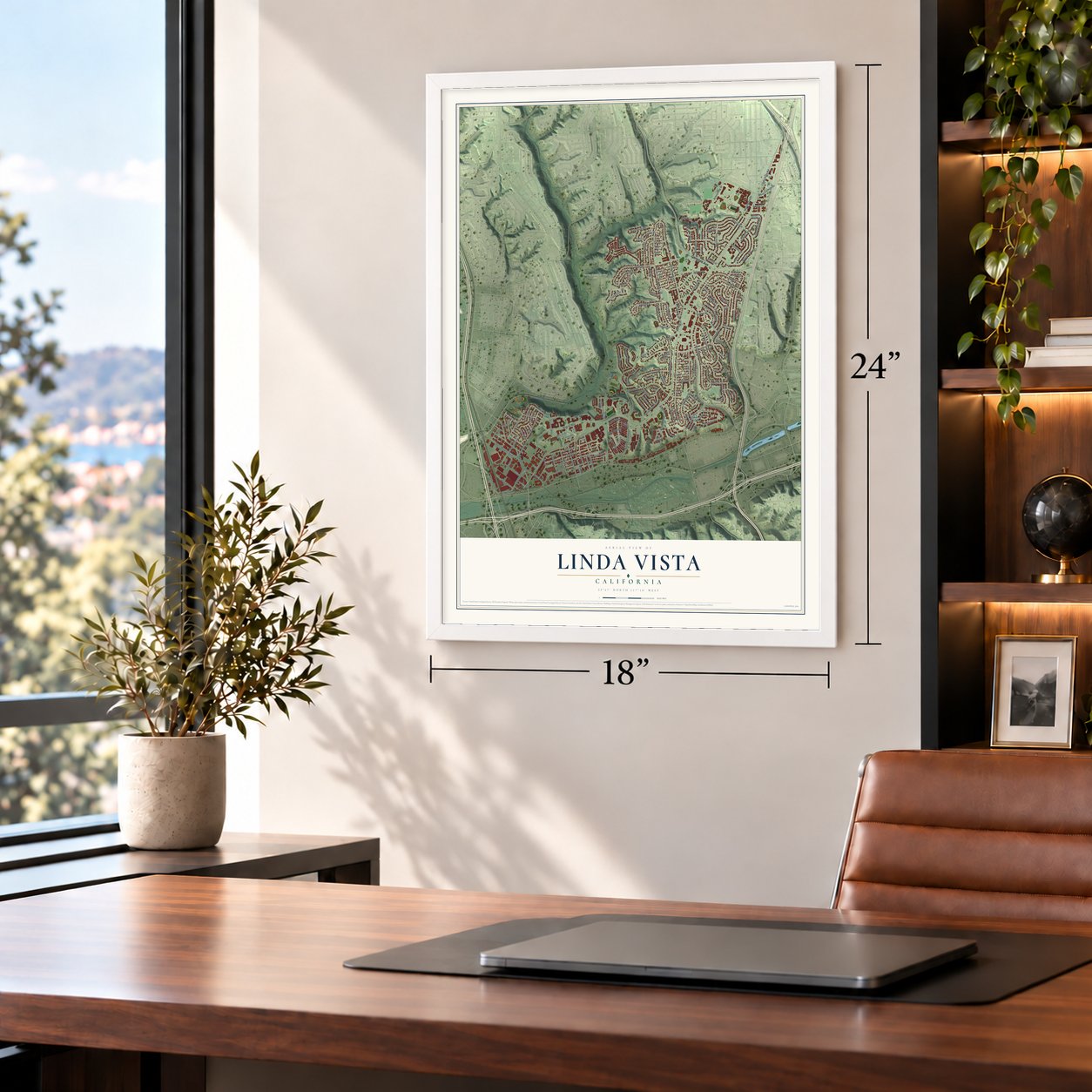Linda Vista, California map, 18 x 24 inch print in a white frame in a home office
