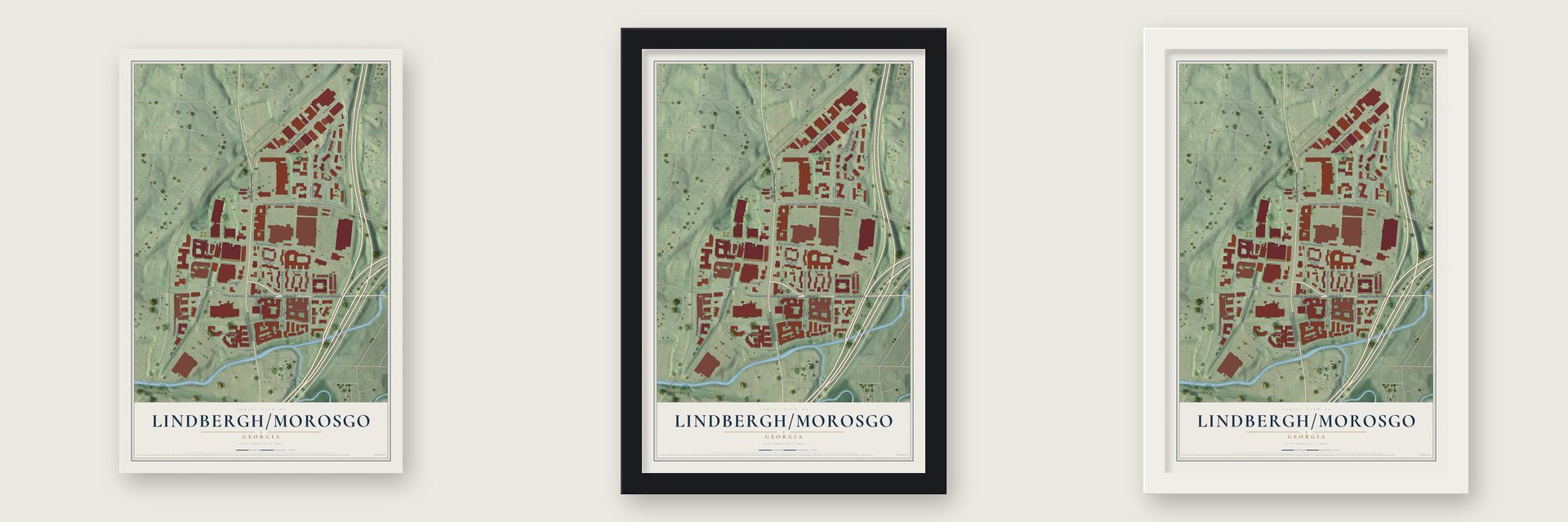 Lindbergh-Morosgo, Georgia map unframed, in a black wood frame and in a white wood frame