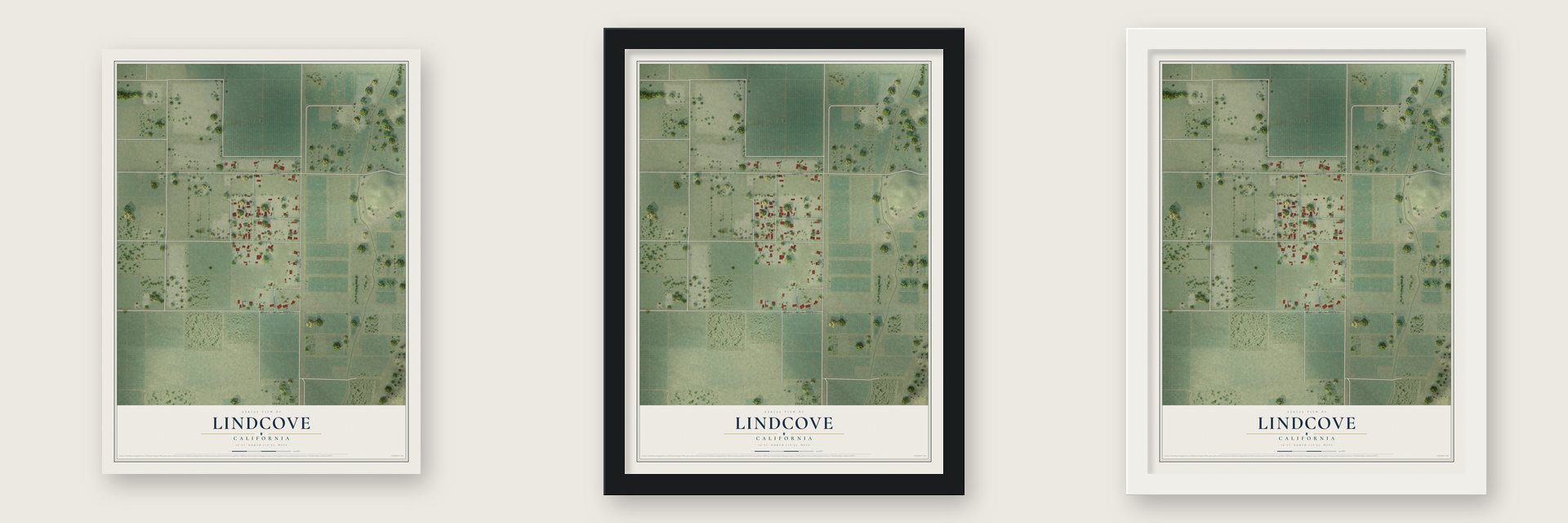 Lindcove, California map unframed, in a black wood frame and in a white wood frame