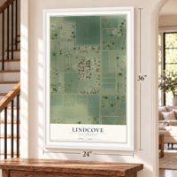 Lindcove, California map, 24 x 36 inch print in a white frame by a staircase