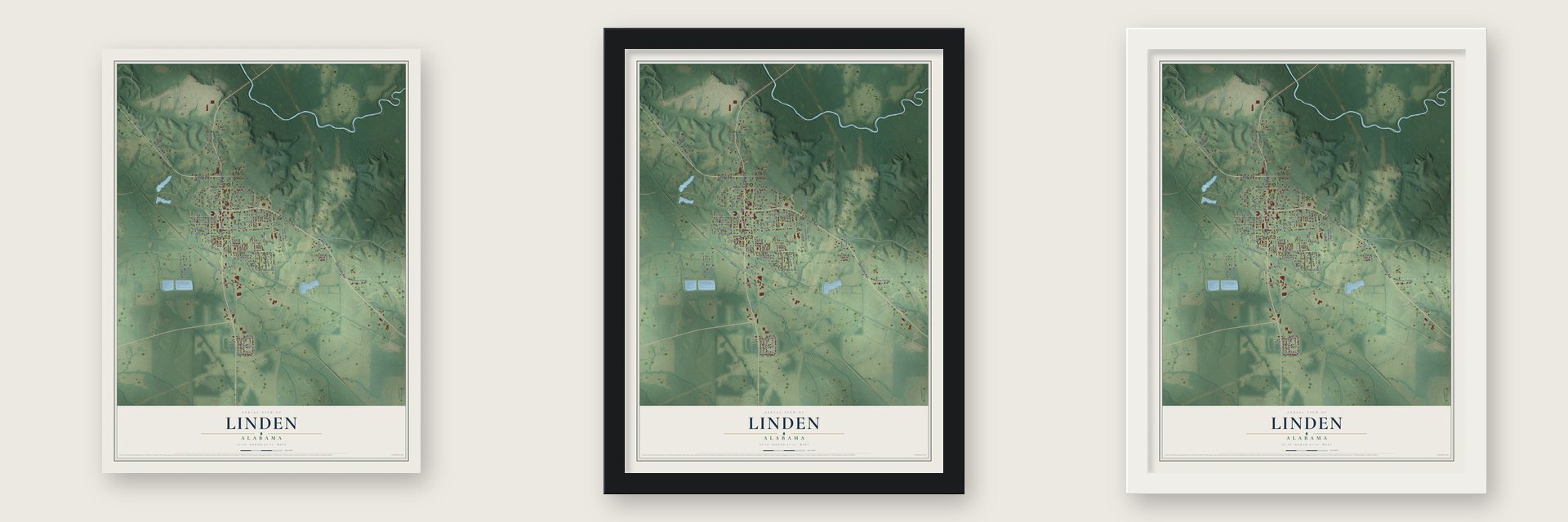 Linden, Alabama map unframed, in a black wood frame and in a white wood frame