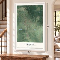 Linden, Alabama map, 24 x 36 inch print in a white frame by a staircase
