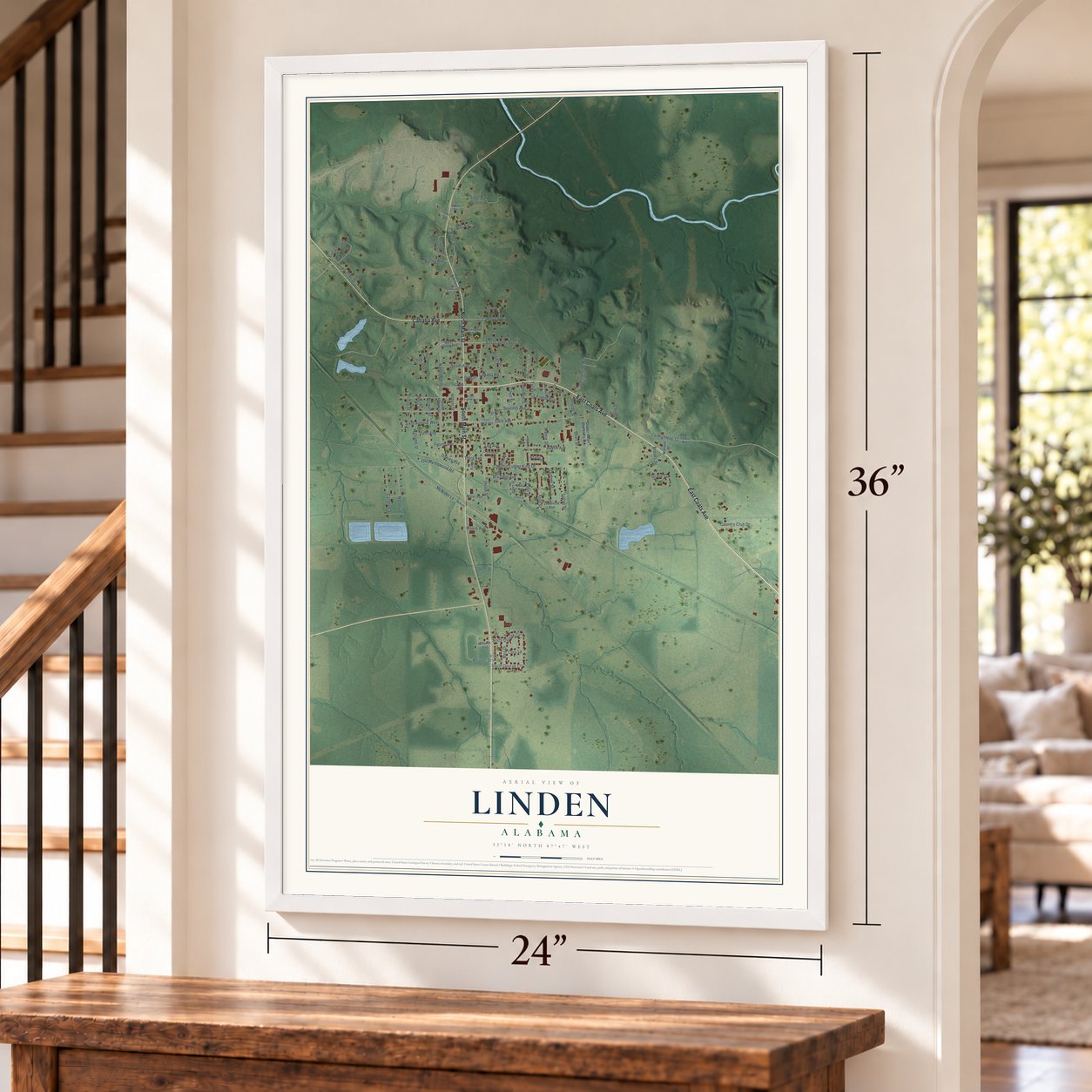 Linden, Alabama map, 24 x 36 inch print in a white frame by a staircase