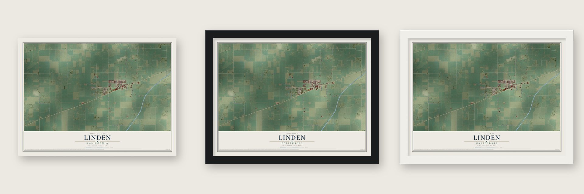 Linden, California map unframed, in a black wood frame and in a white wood frame