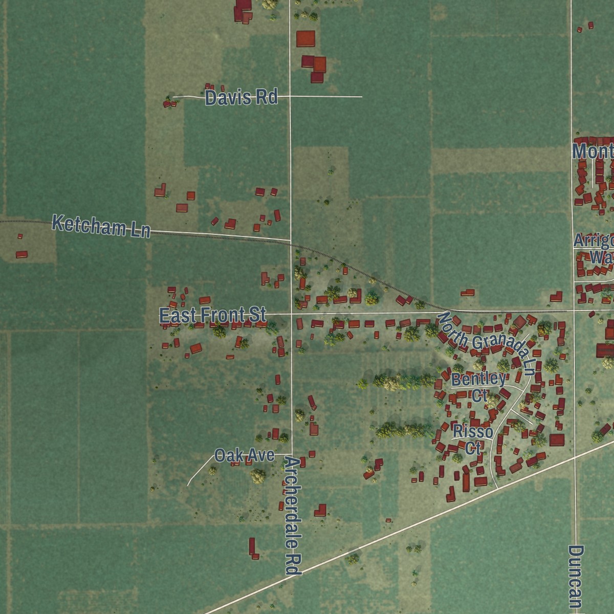 Second close-up of the map of Linden, California print showing more streets and buildings