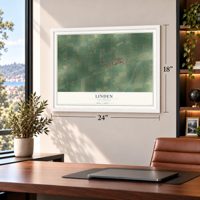 Linden, California map, 18 x 24 inch print in a white frame in a home office