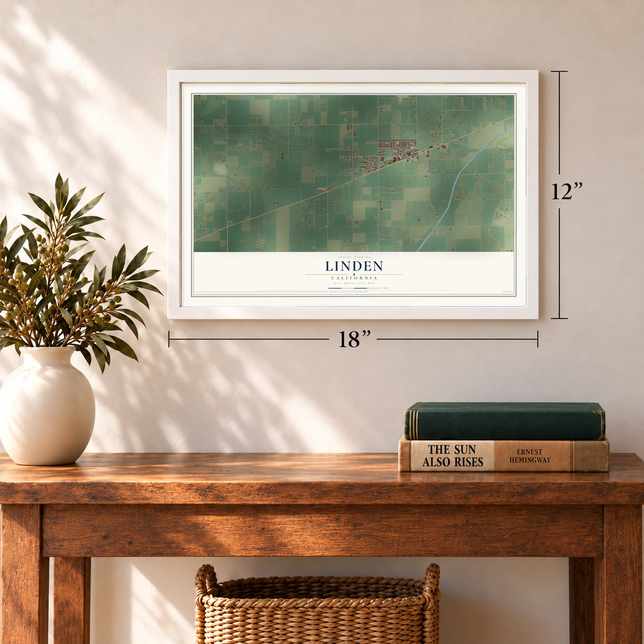 Linden, California map, 12 x 18 inch print in a white frame in an entryway