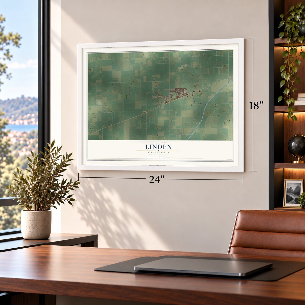 Linden, California map, 18 x 24 inch print in a white frame in a home office