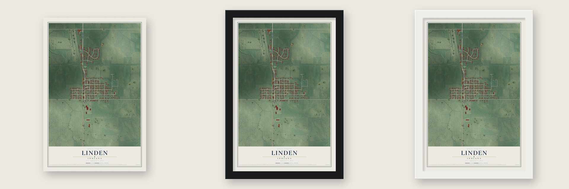 Linden, Indiana map unframed, in a black wood frame and in a white wood frame